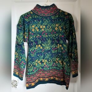 Vtg 80s The Limited Multicolor Folkloric Intarsia Mock T-neck Tunic Sweater P/S